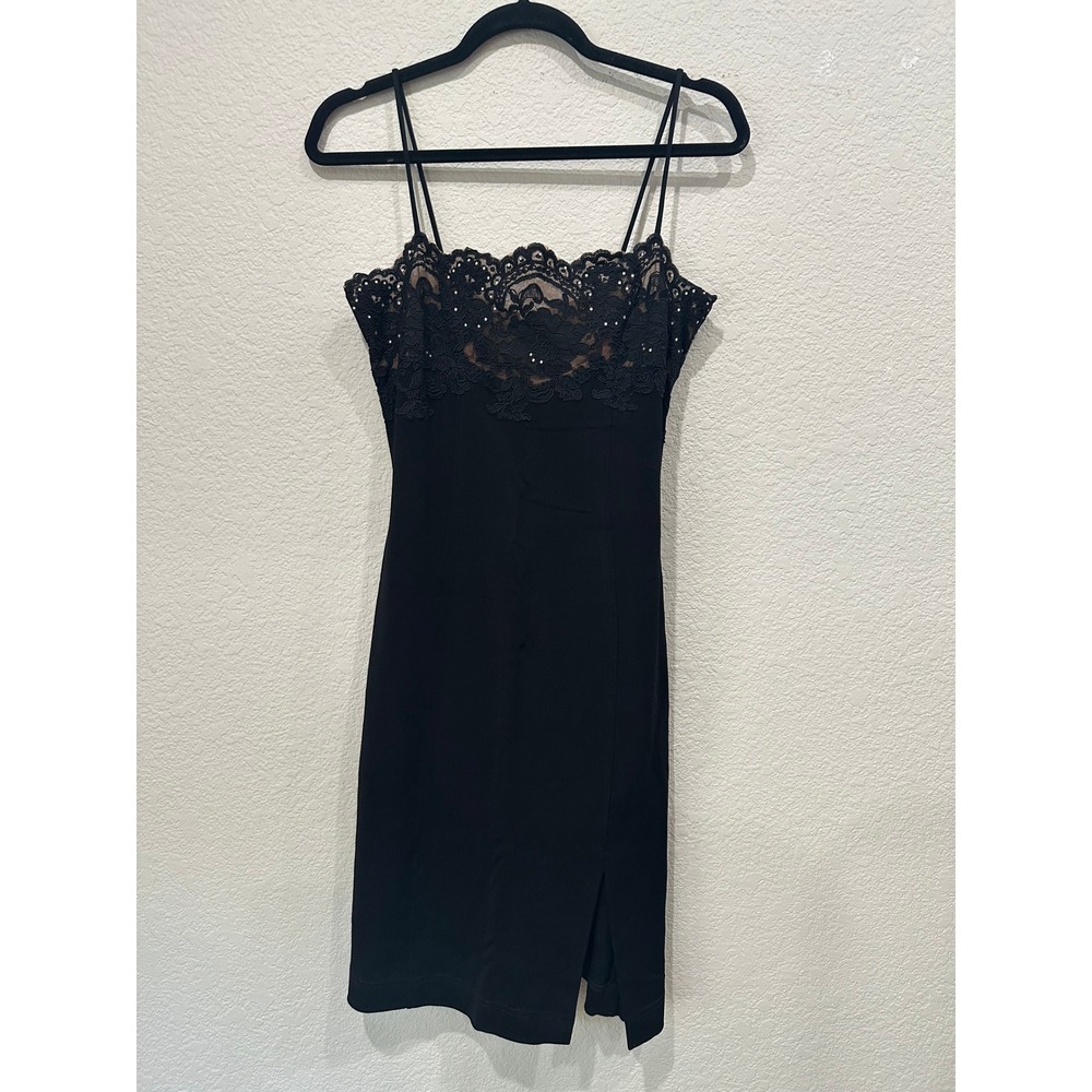 Tadashi Shoji Vintage Y2K Black Lace Rhinestone Sheath Dress Womens L 12 Slit